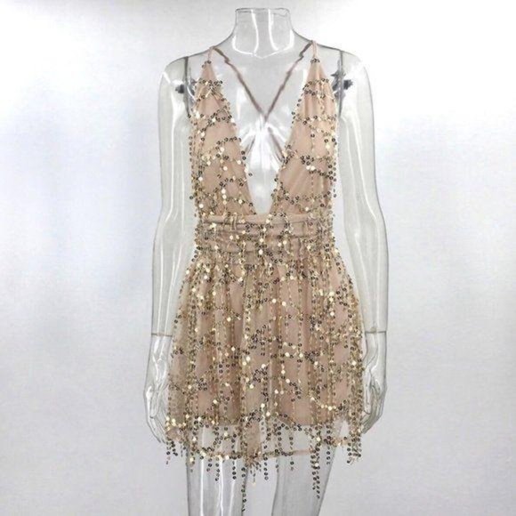 Gold Sequin Embellished Backless Mini A-line Dress - Picture 5 of 7